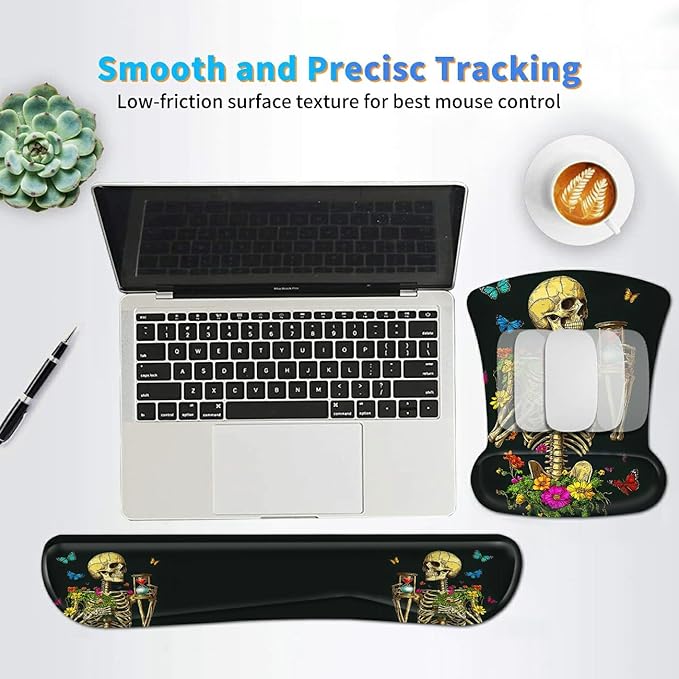 Ergonomic Mouse Pad with Wrist Support Gel Mousepads and Upgrade Keyboard Wrist Rest Pad Set Coasters Non-Slip PU Base Mouse Mat for Office Gaming Computer Laptop Flower Butterfly Skull