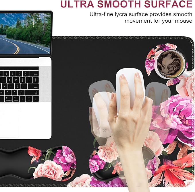 iLeadon Mouse Pad Set Desk Mat + Mouse Pad with Wrist Rest + Keyboard Wrist Rest + Coaster Mouse and Keyboard Pad Set with Stitched Edge &amp Non-Slip Base Desk Pad Mat for Work Gaming Peony Flow