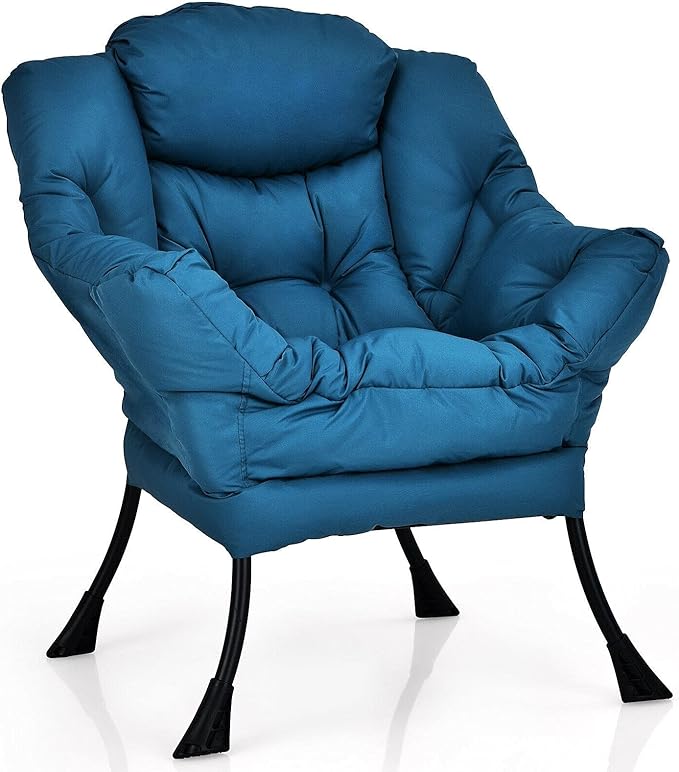 Navy Blue Polyester Fabric Lazy Chair Upholstered Single Sofa Chair With Side Pocket Soft Headrest Thick Seat Cushion Curved Armrest Perfect For Watching TV Relaxing Reading Playing Video Games