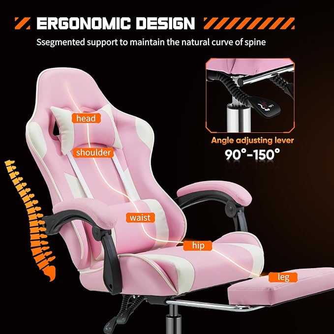 Yapamar Video Game Desk Chair - Ergonomic Computer with Footrest and Comfy Lumbar Support PU Leather Recliner with Headrest