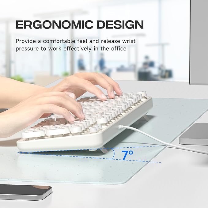 Computer Keyboard Wired Plug Play USB Retro Round Typewriter Keyboard Full Size Wired Keyboard with Foldable Stands for Laptop and Office PC