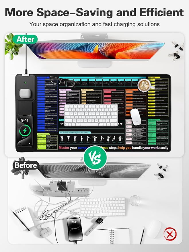Mouse Pad with Foldable Phone Holder Wireless Charging Desk Mat with Excel/Word/PowerPoint/Windows Shortcut Keys 31.5x15.8 Large Mousepad XXL Desk Pad with Non-Slip Waterproof