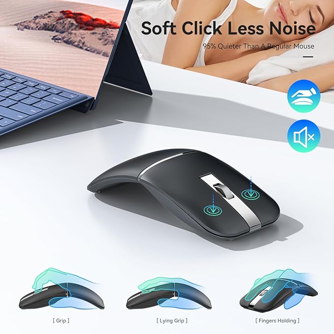 Bluetooth Wireless Arc Travel Mouse Dual Model (2.4G+BT5.1) Rotating Foldable Mouse for Microsoft Rechargeable Slim Portable Mice for Laptop Notebook PC MacBook Chromebook Lenovo - Black
