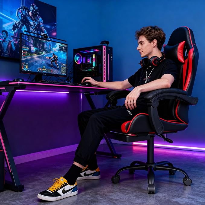 Gaming Chair with Headrest and Lumbar Support Ergonomic High Back Office Chair Racing Style Executive Computer Desk Chair Leather Adjustable Swivel Task Chair for Home Office (Red Black)
