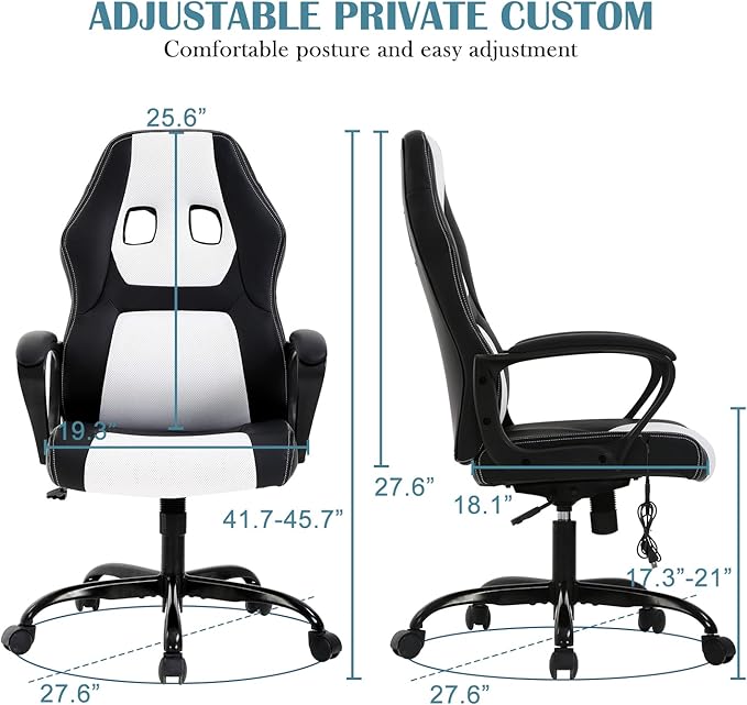 Gaming Chair Office Chairs Ergonomic Design Comfortable Office Chair PU Leather with Mesh Back Gaming Chairs with 360-Degree Swivel Gaming Chairs for Adults PC Chair Max 250LBS White