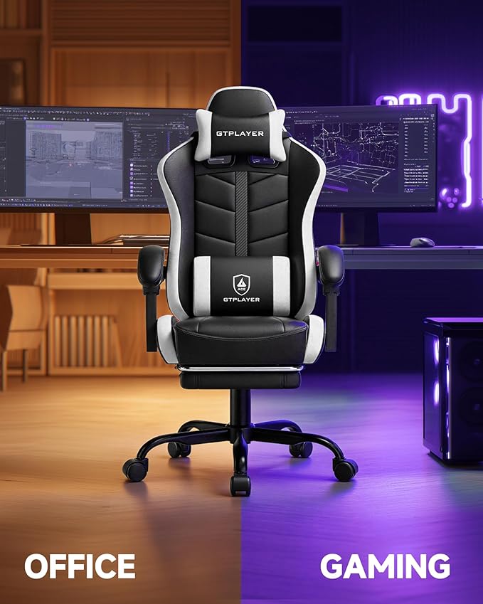 GTPLAYER Gaming Chair Computer Gaming Chairs for Adults with Footrest Height Adjustable PC Game Chair with 90-155° Recline &amp Removable Headrest Lumbar Support Black-White