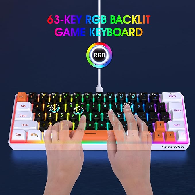 Snpurdiri 60 Percent Wired Gaming Keyboard 63 Keys RGB Backlit Small Gaming Keyboard for PC Gamer Typist Travel Easy to Carry on Business Trip(Black-White-Orange)