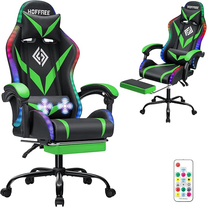 HOFFREE Gaming Chair with LED RGB Lights Massage Ergonomic Video Game Chairs with Footrest High Back Reclining Computer Chair with Adjustable Lumbar Support Green and Black