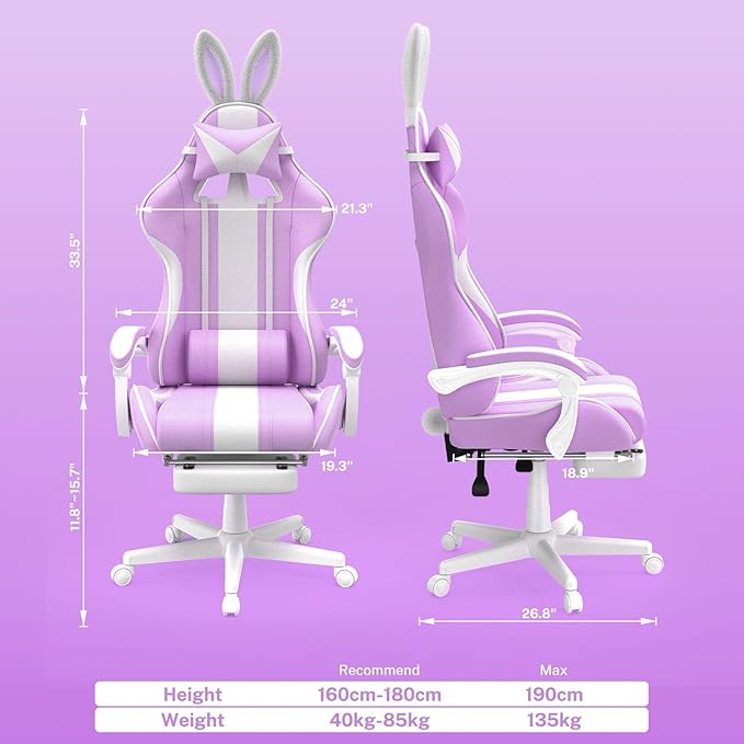 Ferghana Kawaii Light Purple Gaming Chair with Bunny Ears Ergonomic Cute Gamer Chair with Footrest and Massage Racing Reclining Leather Computer Game Chair for Girls Adults Teens Kids