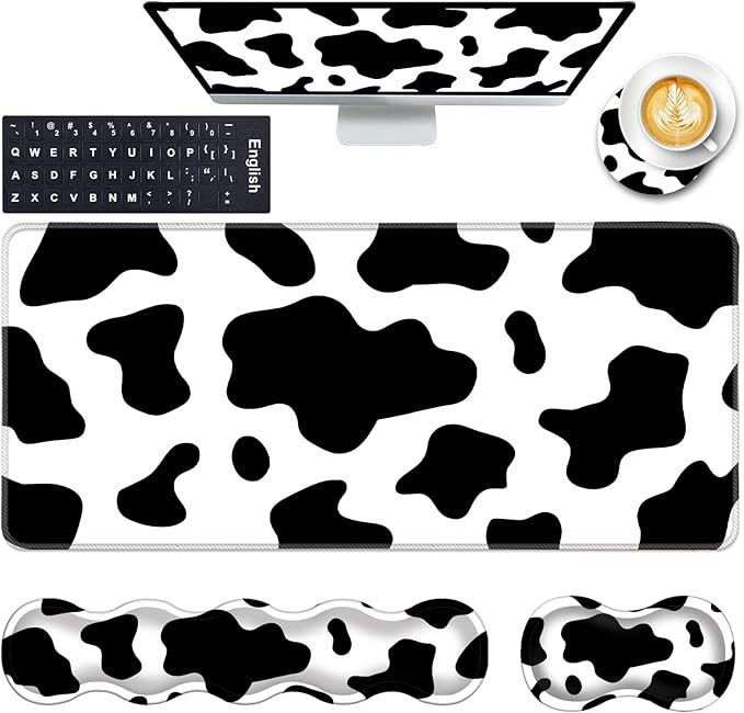 Keyboard Wrist Rest and Mouse Pad with Wrist Support Set Ergonomic CoasterMemory FoamEasy Typing Pain ReliefLarge XL Desk Mat 31.5x 11.8Cow Print
