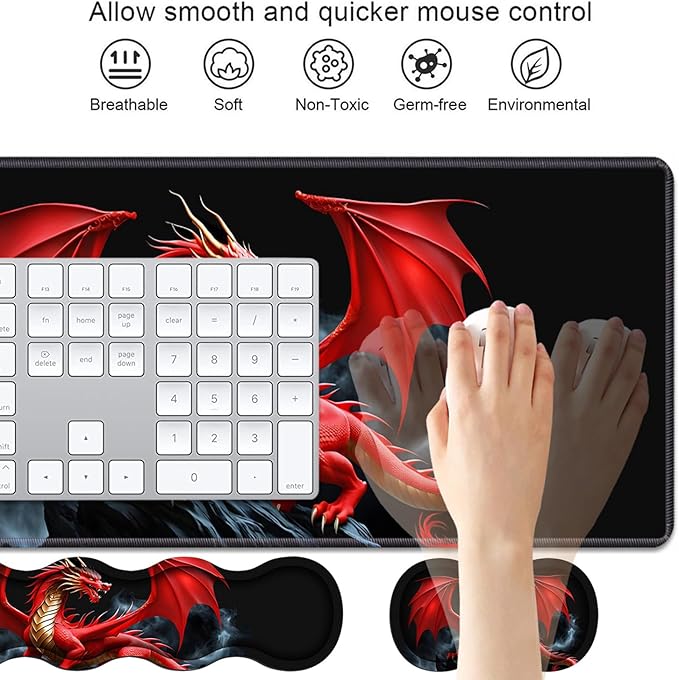 4 in 1 Ergonomic Keyboard Wrist Rest &amp Mouse Pad Wrist Rest Set Large XXL Gaming Desk Mat 31.5x 11.8 with Non-Slip Base Memory Foam for Home Office Study Gaming Red Dragon