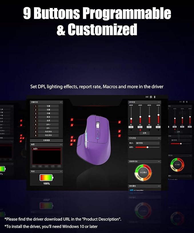 Wireless Gaming Mouse Tri-Mode 2.4Ghz/Bluetooth 5.2/Wired USB-C with Two Scroll Wheels RGB LED Backlit 4-Level DPI Rechargeable Ergonomic Optical Mice for Computer/Laptop/Office/Gamer Purple