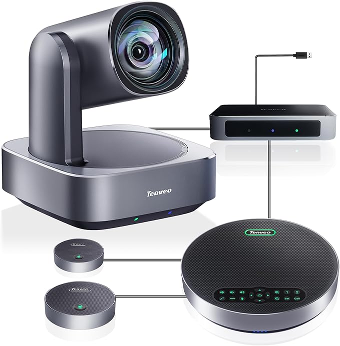 Tenveo 4K PTZ Conference Room Camera System AI Auto-Tracking 12X Optical Zoom USB3.0 HDMI PTZ Camera and Bluetooth Speakerphone with 2 Expansion Mics Kit Wide Angle for Large Room Meetings