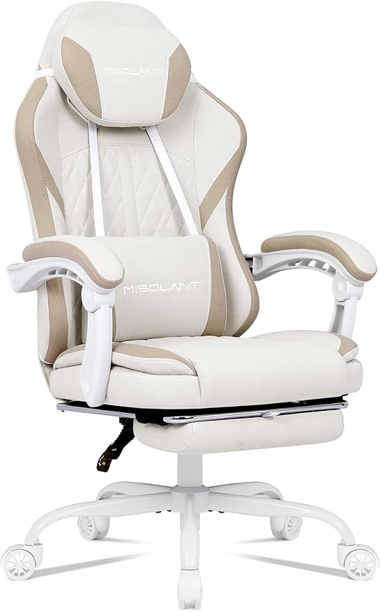 Misolant Gaming Chair Fabric Gamer Chair with footrest for Adults High Back Ergonomic Computer Game Chair with Adjustable Headrest and Massage Lumbar Support 90-155° Recline Free Beige