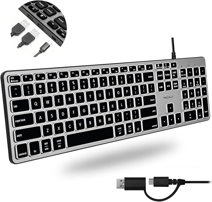 Macally Wired Keyboard for Mac with USB Hub (2X USB-A / 1x USB-C) - Compatible Backlit Apple Keyboard with Dual Interface - Auto OS Detection for Mac MacBook Pro/Air iMac PC Android iPad iOS