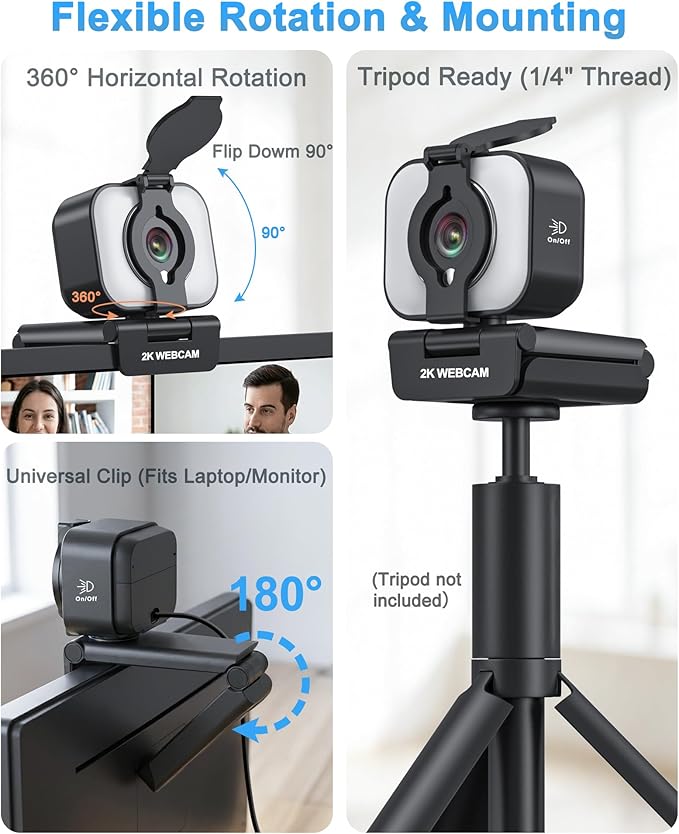 Atatat 2K QHD Webcam for PC with Microphone &amp Light &amp Privacy Cover Web Camera for Desktop Computer Laptop &amp MacBook Integrated Autofocus &amp Noise Canceling Mic for Zoom Meetings S