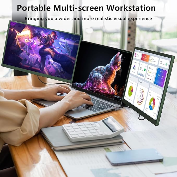 Upgraded 3rd Triple Aero 15.6 Pro Max 3 Screen Monitor One Cable Play HDMI/USB-C Setup for Windows/Mac/Chrome/for Remote Work Traders ProgrammersOffice (1 Set)