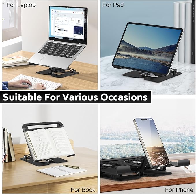 Laptop Cooling Stand with Detachable Fan2-IN-1 Laptop Stand with Phone Holder and Silent FansAdjustable Height and AngleCarbon Steel FrameworkLaptop Cooling Pad for up to 16”Laptop (Black)