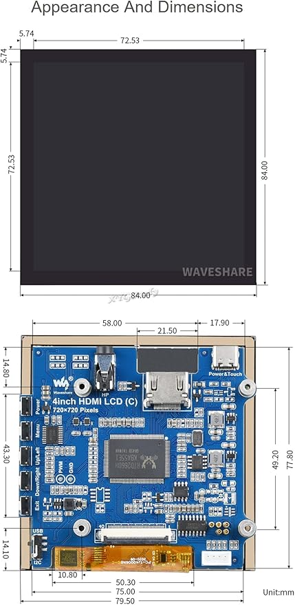 4inch HDMI Capacitive Touch IPS LCD Display (C) Screen Resolution 720×720 Compatible with Raspberry Pi 5 4 3 Jetson Nano AI PC Windows 11/10 / 8.1/8 / 7