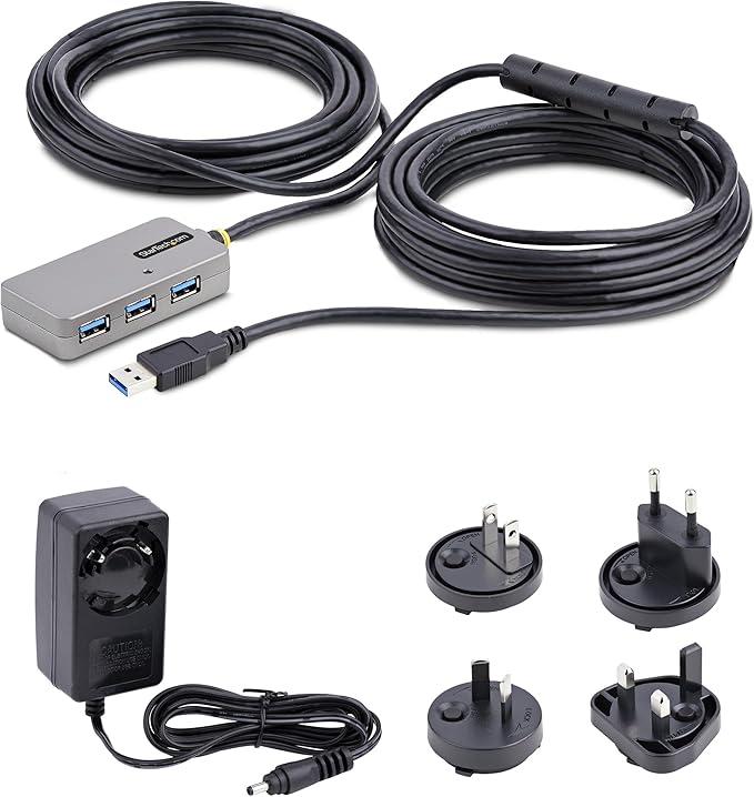 StarTech.com USB Extender Hub 10m USB 3.0 Extension Cable w/ 4-Port USB-A Hub Active/Bus Powered USB Repeater Cable Optional 20W Power Supply Included Level 2 ESD Protection TAA
