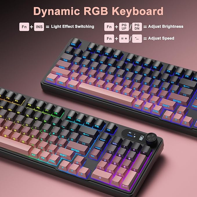 BlueFinger Wireless Gaming Keyboard RGB Backlit Tri-Mode Bluetooth/2.4G/USB-C 98 Keys Quiet Keyboard with Number Pad Volume Knob &amp Screen Side Printed PBT Keycaps for PC/Mac/Laptop