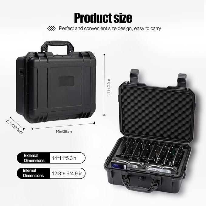Hard Drive Case 3.5inch 10-Bay Multi-Protection HDD Storage Box Suitcase with Foam External Hard Drive Carrying Case Anti-Static Shock Moisture Proof for HDD/SSD/M.2