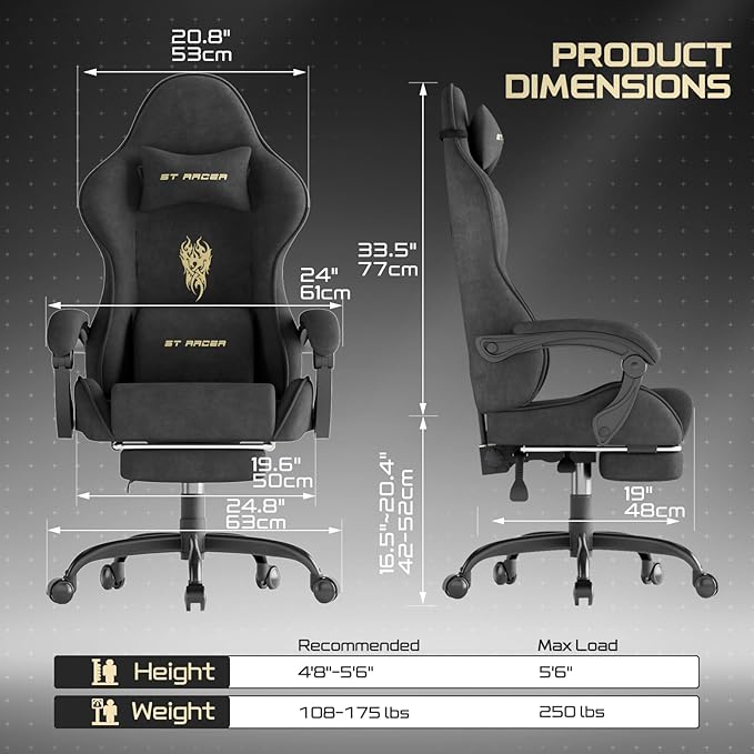 Soontrans Comfortable Video Gamer Chairwith Footrest Ergonomic Velvet Fabric Gaming Chair for Adult Reclining Desk Game Office Computer Chairs with Massage Lumbar CushionHeadrest