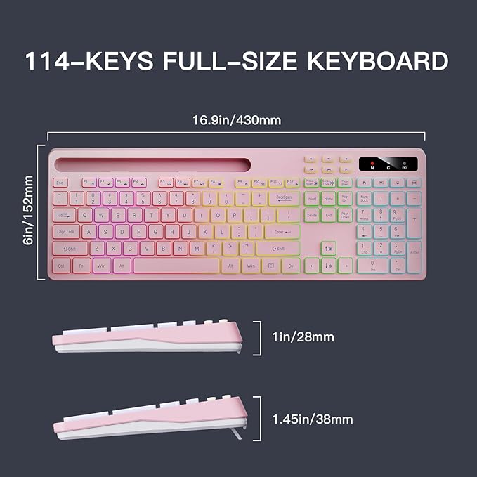 Wireless Keyboard with 7-Color RGB Backlit Full-Size Computer Keyboard with Phone Tablet Holder 2.4G Rechargeable Gaming Keyboard with Light Up Keys Compatible with Mac Windows (Pink)