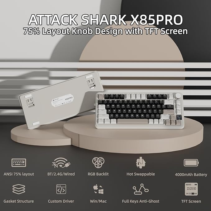 MAGIC-REFINER ATTACK SHARK X85PRO 75% Wireless Mechanical keyboardTFT Smart Display&ampKnobBT/2.4GHz/Wired Custom Gaming KeyboardGasketHot-SwapRGBwith Pro Cable&amp5 Color PBT Keycapsfor PC/M