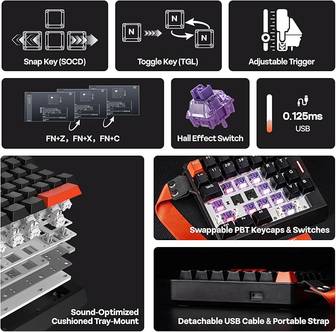EPOMAKER HE30 One-Handed Hall Effect Keyboard 8K Polling &amp 0.125ms SOCD &amp Snap Key Adjustable Trigger PBT Keycap RGB Custom Software Wired Gaming Keyboard for PC/Gamer (Black Orange)
