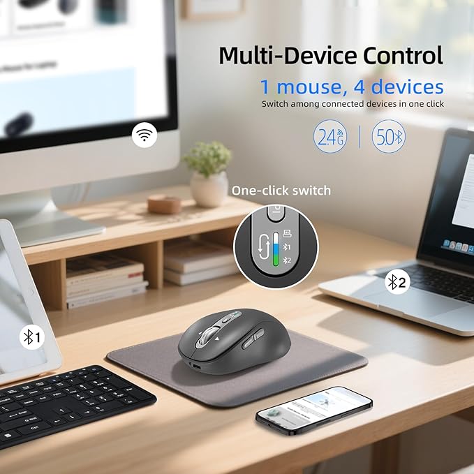 Wireless Bluetooth MouseMulti Device Ergo Computer MousesMetal 4-Way Super Scrolling± 3200 DPI10 ButtonsPlug&ampPlayQuietRechargeableUSB Cordless Mice for LaptopTabletMaciPadPCPhone All