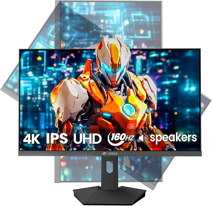 CRUA 27” 4K Gaming Monitor UHD 3840x2160 160Hz IPS Screen Height/Pivot/Swivel/Tilt Adjustable Vertical Monitor Support AMD FreeSync Built-in Speakers 120% sRGB PIP/PBP HDMI 2.1 &amp DP 1.4-Bla