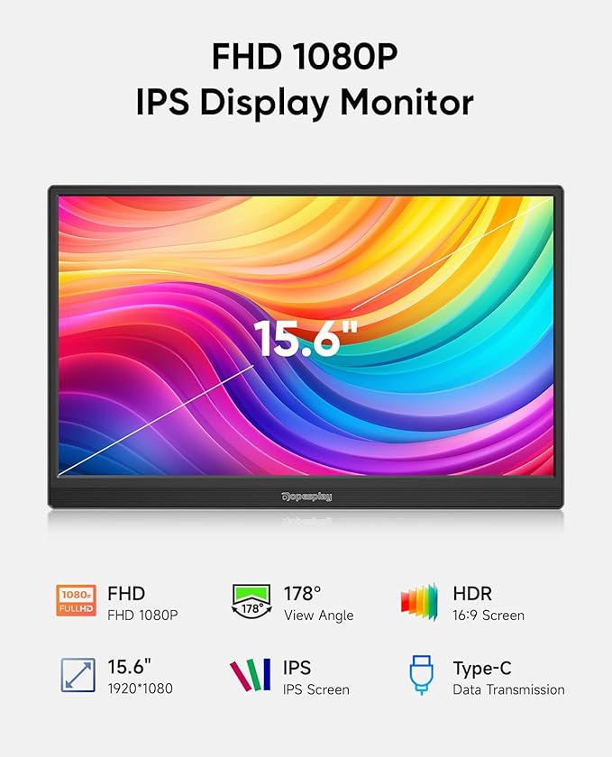 Portable Monitor 15.6'' FHD 1080P Laptop Monitors USB-C HDMI Travel Monitors for Laptop Ultra-Slim IPS HDR Display w/Speakers External Small Display for PC Phone Mac Xbox PS5/4 Switch