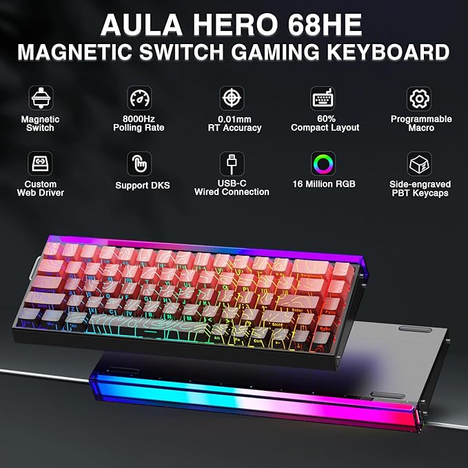AULA Hero 68 HE 60% Gaming Keyboard Wired Hall Effect Magnetic Switch Keyboard with 8K Hz Polling Rate Side Printed PBT Keycaps RGB Light Box Customizable Web Software for PC/Mac Gamers