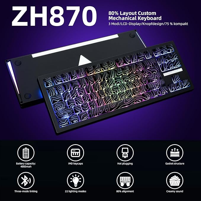 ZORNHER ZH870 Wireless Gaming Mechanical Keyboard80% Black Custom Creamy Sound Keyboard with Lighted Up Black Topographic KeycapsCreamy Sounding Linear SwitchesHot-SwappableRGB Backlit