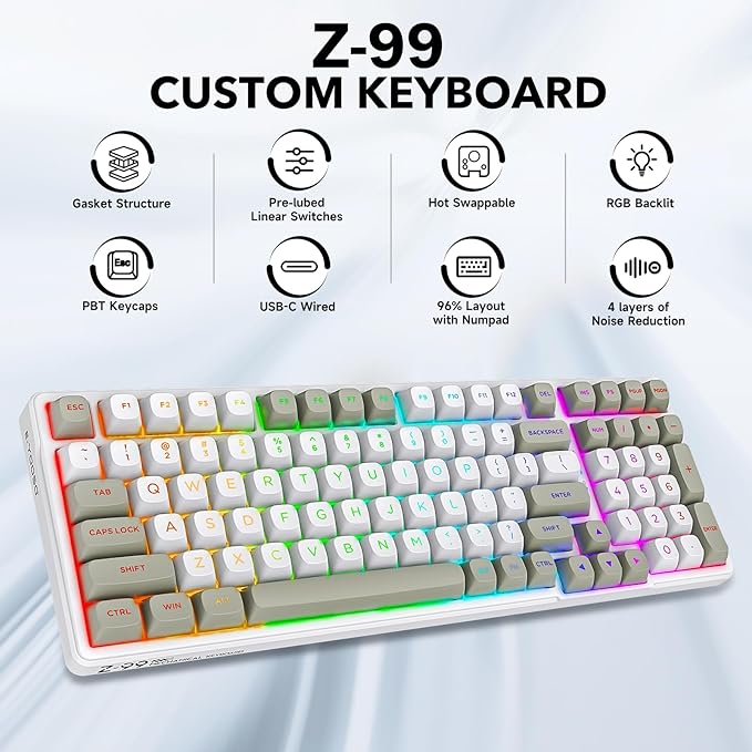 HUO JI Z-99 Wired Mechanical Keyboard Creamy Sound Hot Swappable Pre-lubed Linear Switches Gasket Structure with Sound Dampening Foam RGB Backlit 99 Keys Custom Gaming Keyboard for PC/MacGray