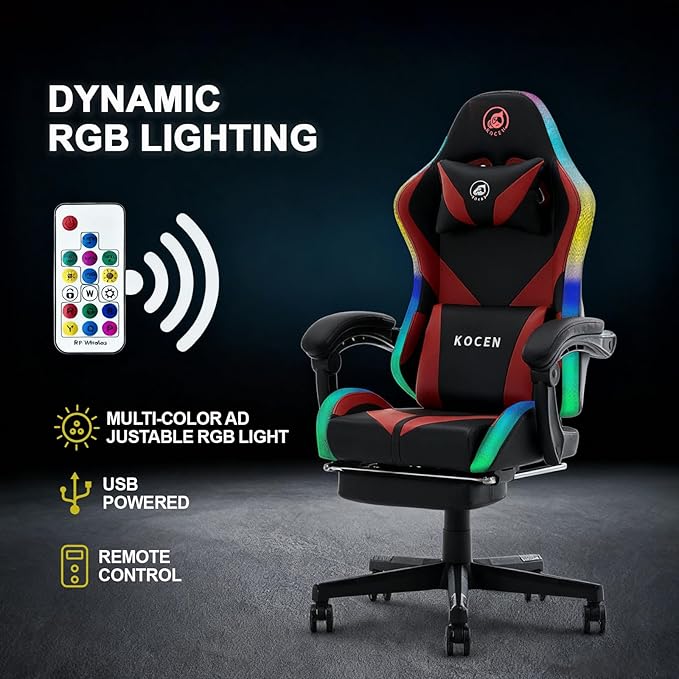 Kechen Gaming Chair LED Light Gaming Chair with Footrest and Massage Big and Tall Computer Chair with Lumbar Support Gaming Chairs for Adults with Pocket Spring Cushion (LED Light Red/Black)