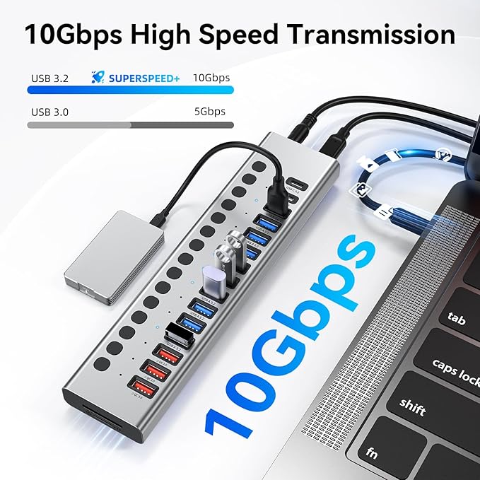 Powered USB Hub 10Gbps 17 Ports 96W USB 3.2 Hub(10 USB-A 3.2 Ports+3 QC 24W Fast Charging Ports+2 USB-C 3.2 Ports+SD/TF Card Reader) 12V/8A Power Adapter for Laptop PC Computer HDDFlash Drive