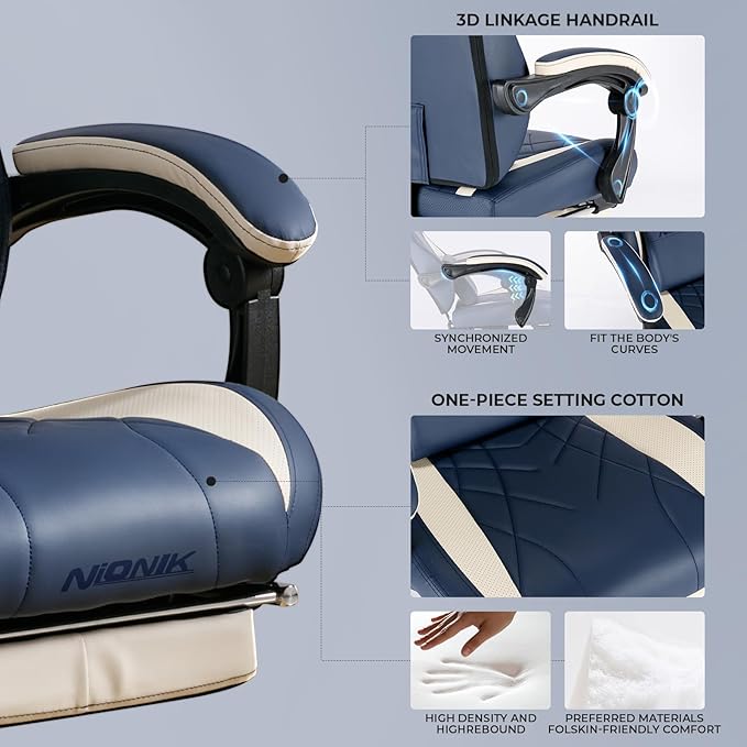 Gaming Chair with Footrest and Massage Lumbar Support Ergonomic Computer Gamer Chair Office Video Game Chairs (Blue)