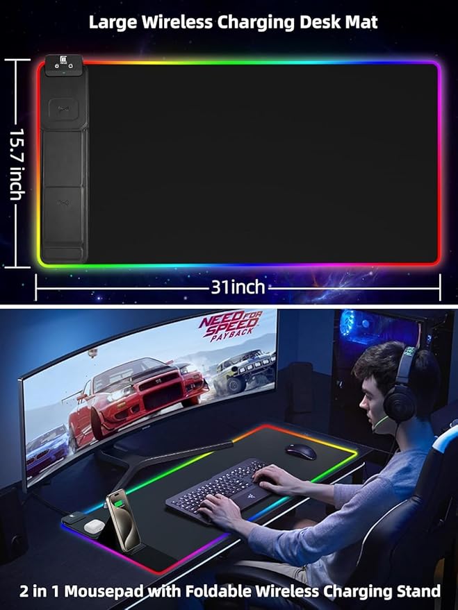 XXL Mouse Pad with Phone Holder - Black RGB Desk Mat with 15W Fast Charging LED Gaming Mousepad with 11 Light Colors Waterproof Non-Slip Pad for Office &amp Home