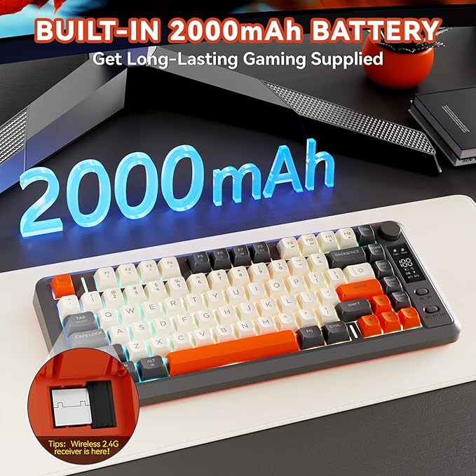 ZIYOU LANG M75 Wireless Gaming Keyboard RGB Backlit Rechargeable 2000mAh Battery Small Membrane But Mechanical Feel Keyboard with Smart Display &amp Knob PBT Gradient keycaps for PC MAC - Shimmer