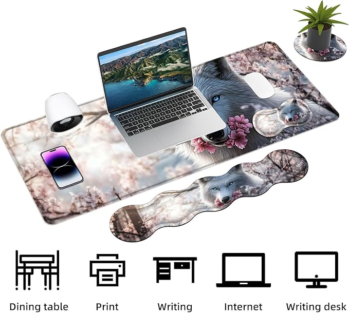 Keyboard Mouse Pad Set Extended Gaming Mouse Pad+Ergonomics Keyboard Wrist Rest Support Memory Foam Easy Typing Pain Relief 4Pcs XL Ultra Thick Desk MatWolf and Cherry Blossoms