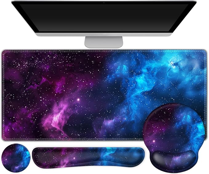 ARTSO Large Mouse Pad and Keyboard Wrist Rest Ergonomic Mouse Pad with Wrist Support Non-Slip Desk Mat Protector for Office Home -Blue Purple Cosmic Nebula