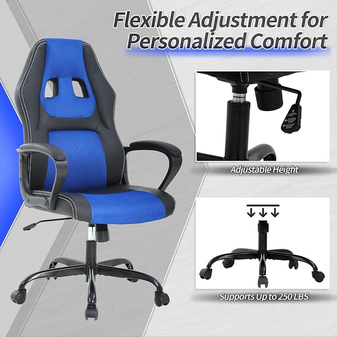Office Chair Ergonomic Gaming Chair High Back Computer Desk Chair with Lumbar Support Adjustable PU Leather Gamer Chair Comfortable Racing Style for Adults Teens Kids (Classic Version Blue)