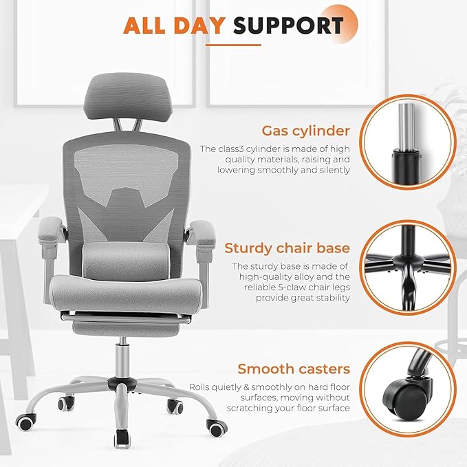 Ergonomic Office Chair with Footrest Comfortable Desk Chair Gaming Chair with Leg Rest Swivel Mesh Desk Chair with Headrest and Lumbar Support for Home Office Work Study Grey