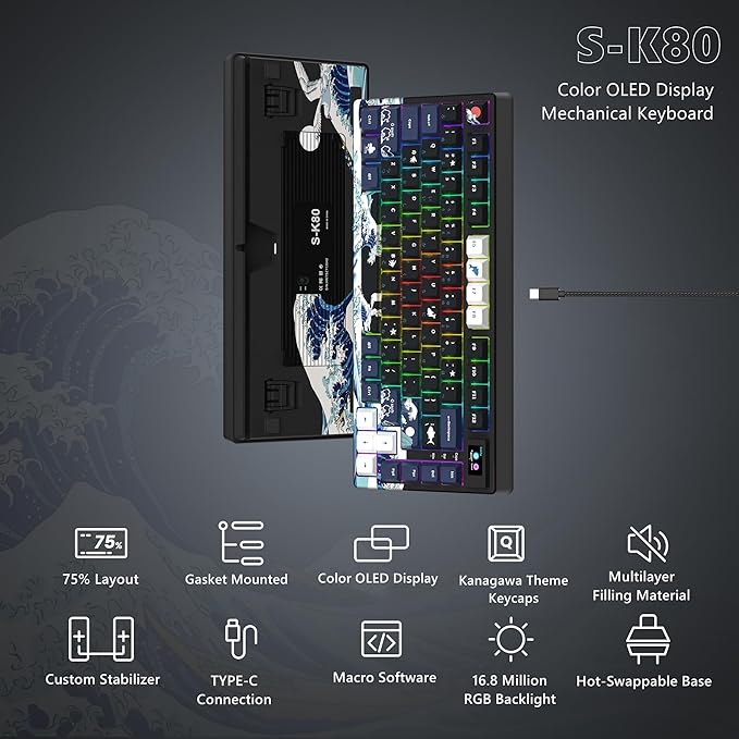 Womier SK80 75% Keyboard with Color Multimedia Display Mechanical Gaming Keyboard Creamy Sound Wired Hot Swappable Gasket Mount RGB Custom Key Board Pre-lubed Stabilizer for Mac/Win Black Kanagawa