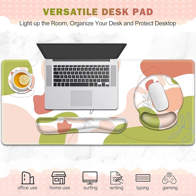 Gaming Mouse Pad Large Desk Mat Cute Desk Pad Protector 4 in1 XXL Mousepad + Keyboard Wrist Rest+Mouse Wrist Rest+Coaster Set with Ergonomic Desk Pad for Home Office Table Computer Pink Rose