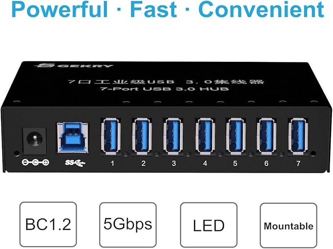 USB 3.0 Hub USB Data Hub Metal Case Mountable 7-Port Powered USB Hub 3.0 with 36W AC Adapter-Type A