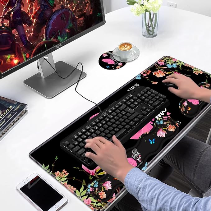 Ergonomic Keyboard Wrist Rest &amp Mouse Pad Wrist Rest SetLarge Gaming Desk Mat 31.5x 11.8 with Memory FoamEasy Typing Pain Relief for Home OfficeFloral Butterfly Quote Bible Verse Philippians