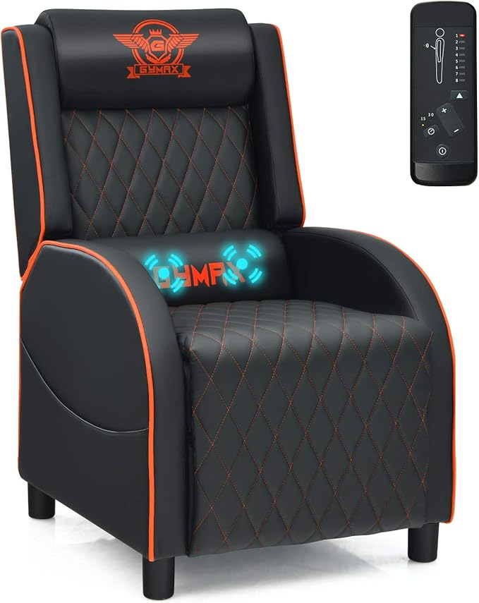 GYMAX Massage Gaming Recliner Chair Ergonomic Racing Style Single Sofa with Adjustable Headrest Backrest &amp Footrest Home Theater Sofa for Living Room Office (Orange)